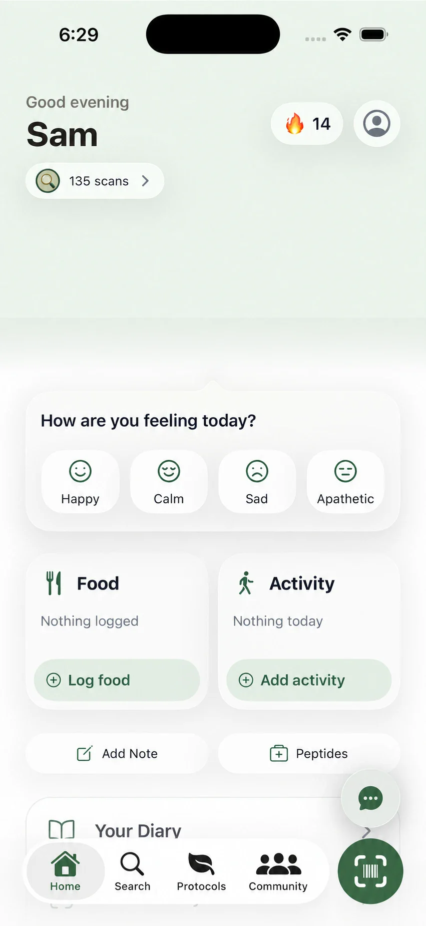 The Olive app home screen: Olive waves above today's check-in