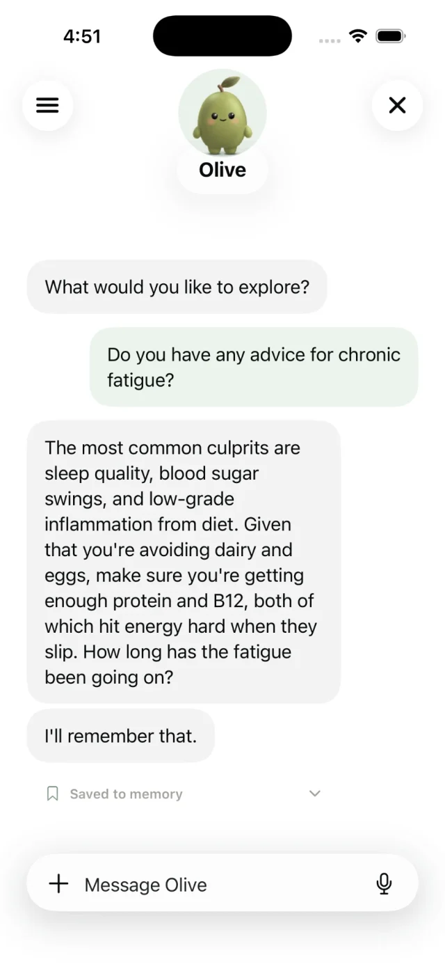 A chat with Olive: advice for chronic fatigue that accounts for avoiding dairy and eggs, saved to memory