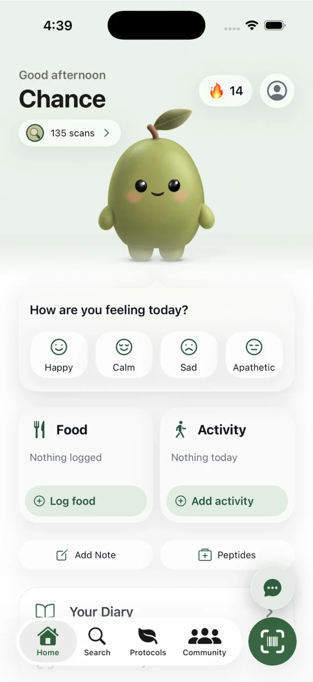 Olive's home screen: Olive waves above today's check-in, with food and activity logging below