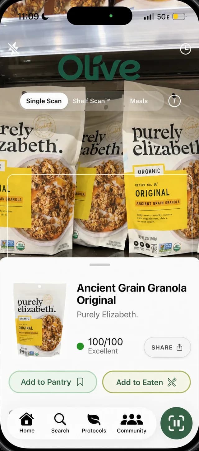 Scanning a shelf of granola in Olive: Purely Elizabeth Ancient Grain Granola Original scores 100 out of 100, Excellent
