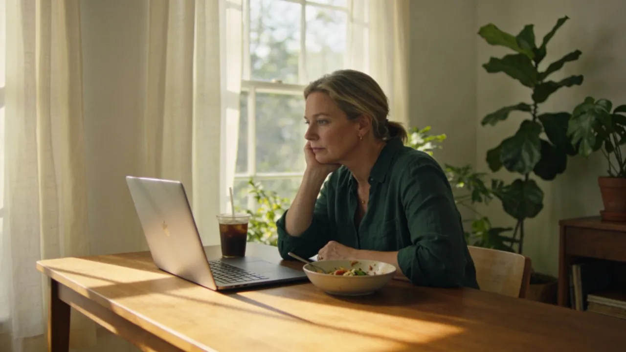 A woman at her laptop in the afternoon, chin in her hand, gazing out the window