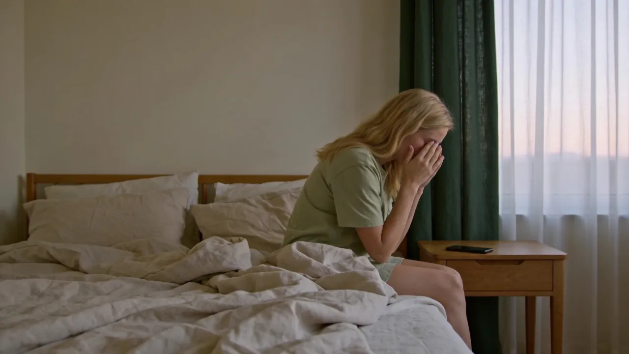 A woman sitting on the edge of her bed at dawn, rubbing her eyes