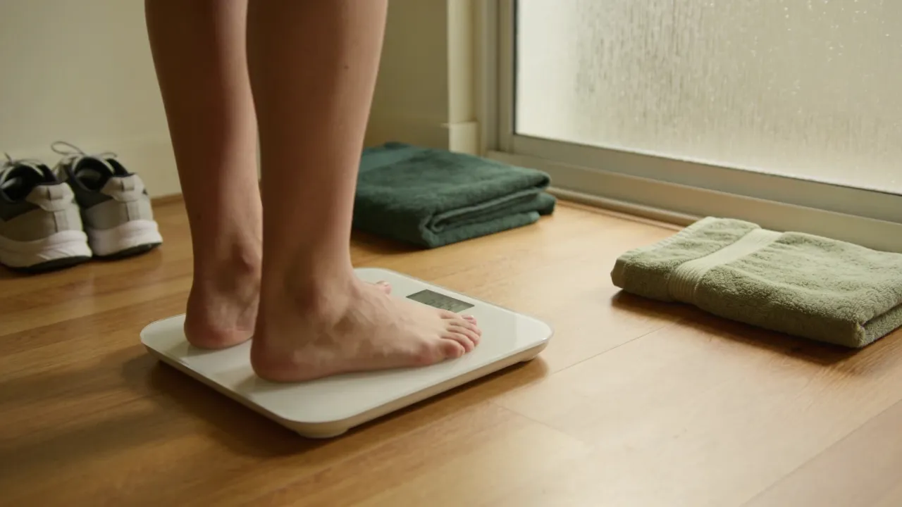 Bare feet on a white bathroom scale in the morning, running shoes by the wall