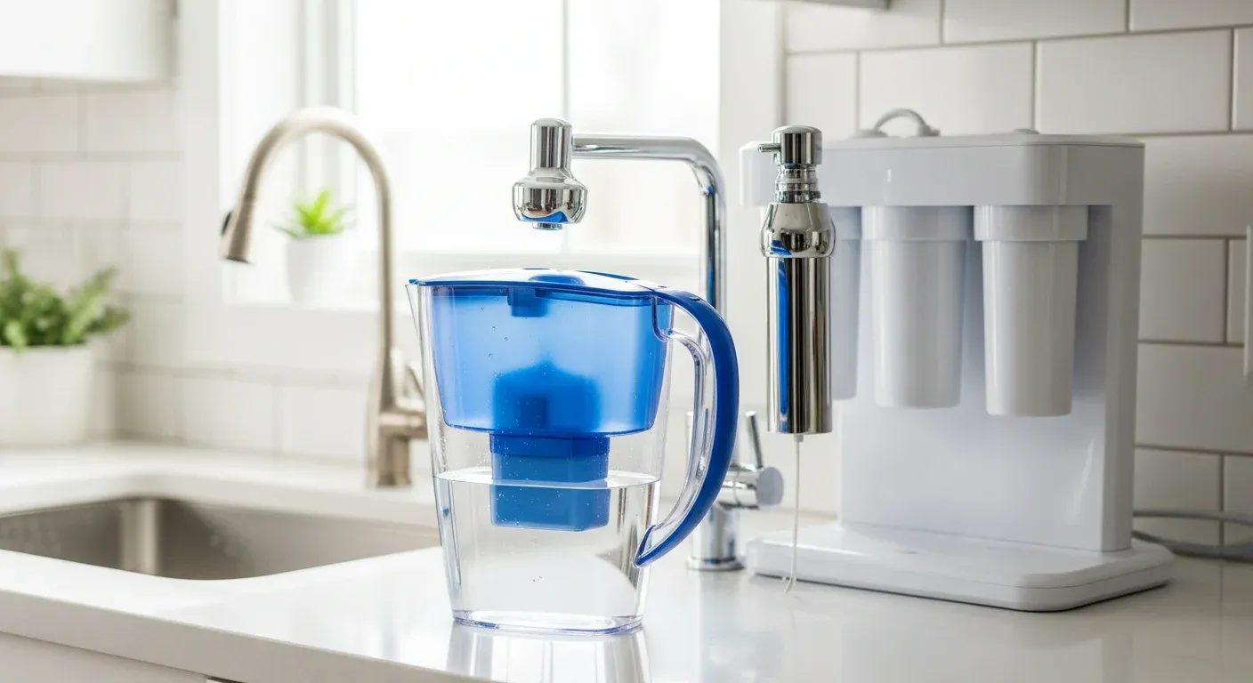 Water filtration systems on kitchen counter: blue pitcher filter, chrome faucet-mount filter, and white countertop filter unit