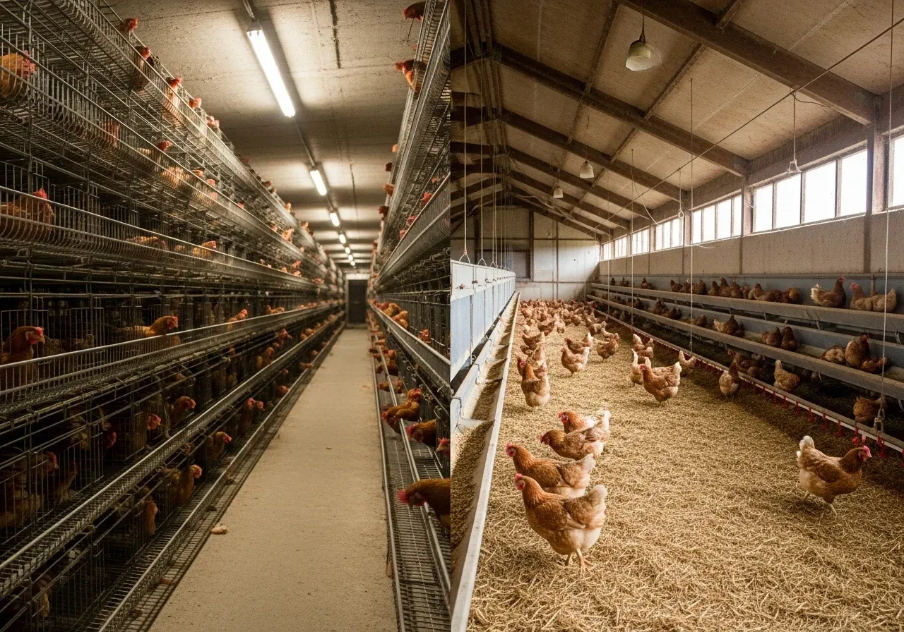 Caged hens in battery cages on left, cage-free hens on straw bedding on right inside barn facility.