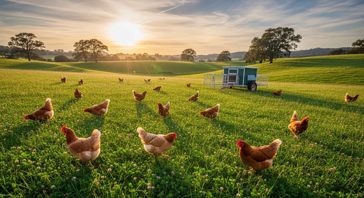 Free-range chickens foraging in green pasture with mobile coop at sunset, rolling hills and trees in background