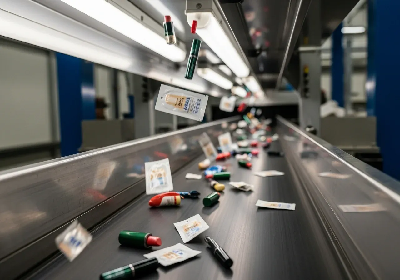 Small cosmetic products and packaging scattered on industrial conveyor belt at recycling facility