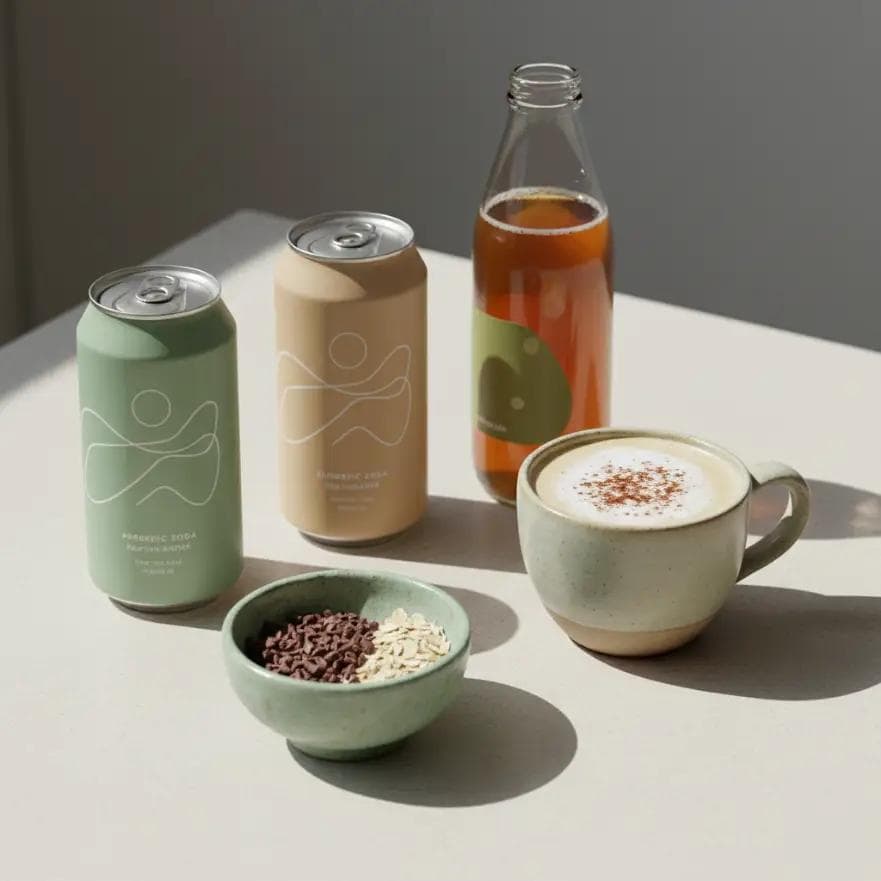 Lineup of unbranded wellness drinks: prebiotic soda cans, kombucha bottle, mushroom coffee in a ceramic cup.