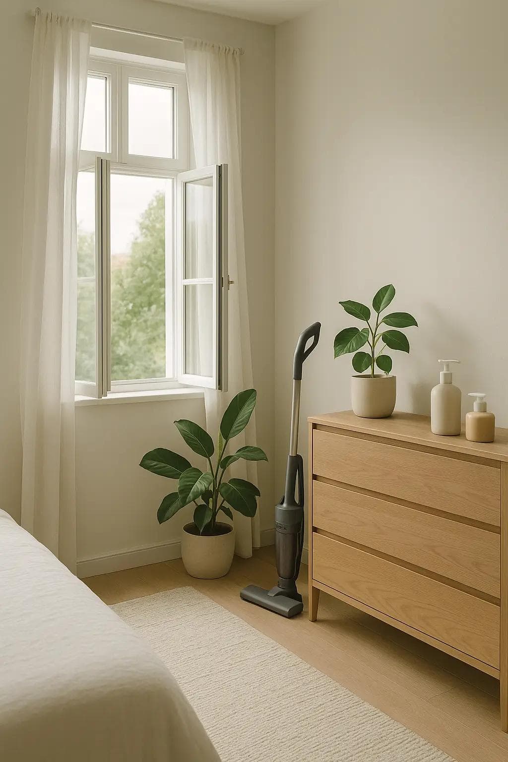 open window with cross-breeze, solid-wood dresser, cotton rug, plant, and a small HEPA vacuum in a corner.” Optional caption: “air it out: open windows, solid-wood choices, and regular hepa vacuuming.