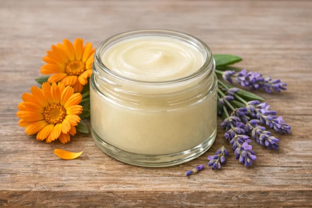 Finished glass jar of homemade baby balm with calendula flowers and lavender