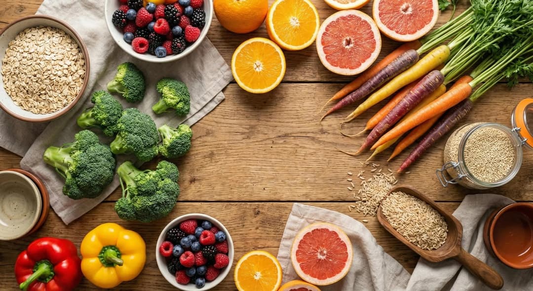 Fresh vegetables, fruits, and whole grains forming the foundation of the 2026 U.S. dietary guidelines.