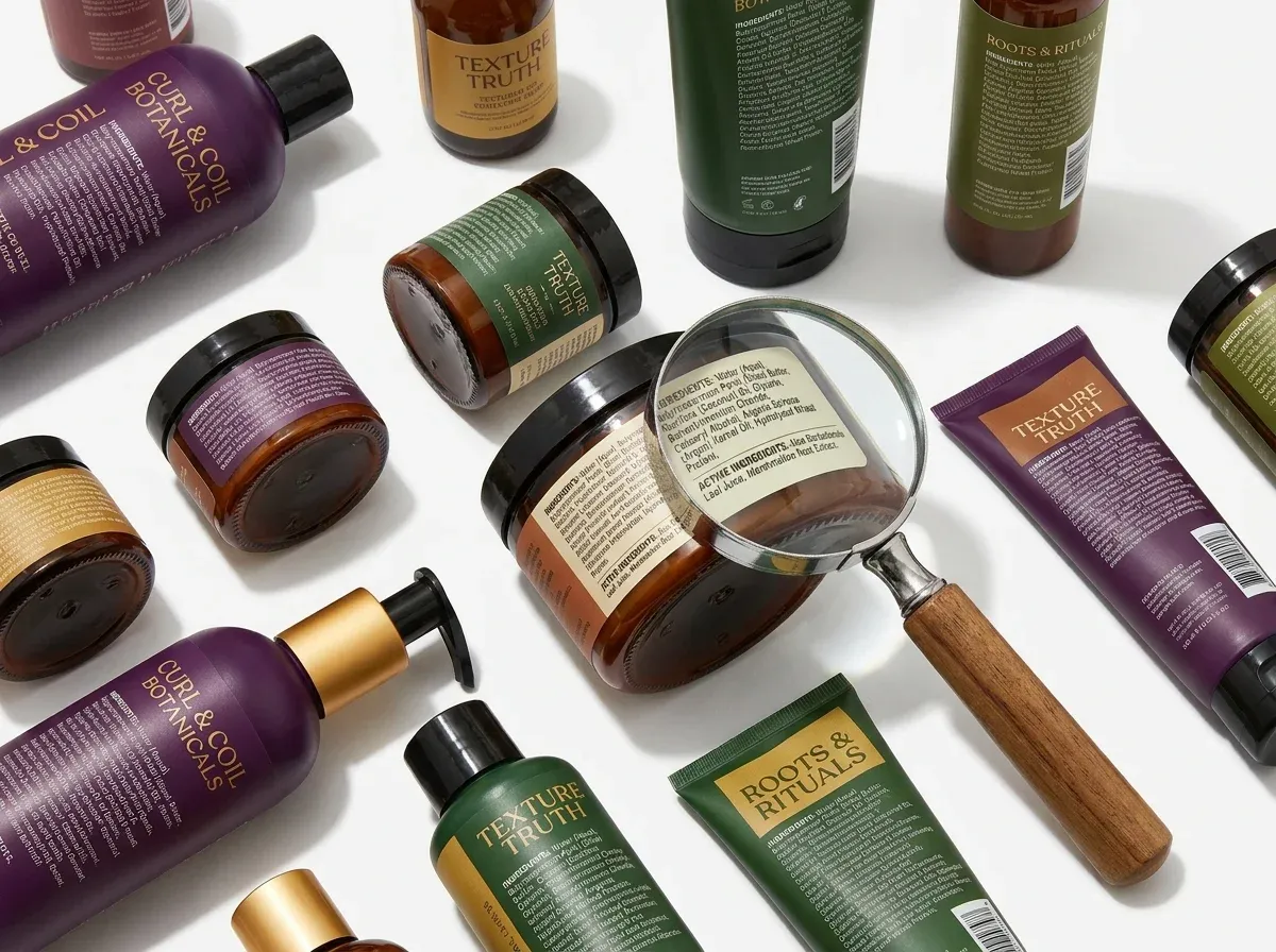 Hair care products in amber bottles with purple and green labels, including "Curl & Coil Botanicals" and "Texture Truth" lines, with magnifying glass highlighti