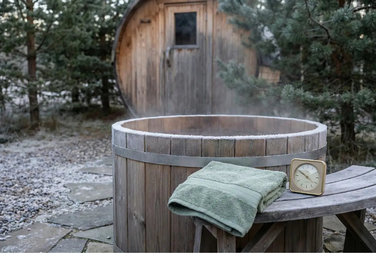 Outdoor cold plunge tub with light steam and a nearby sauna door, towel, and timer.