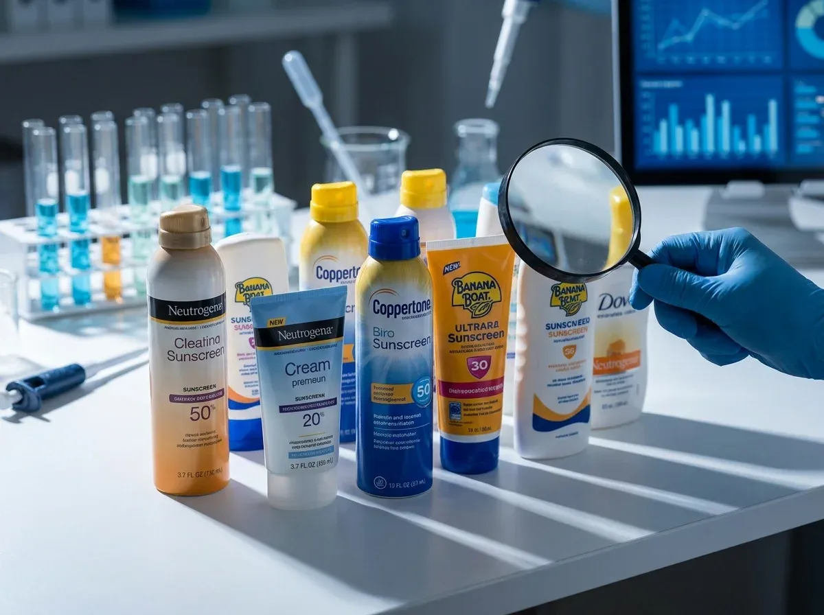 Laboratory analysis of sunscreen products from brands including Neutrogena, Coppertone, and Banana Boat with test tubes in background.
