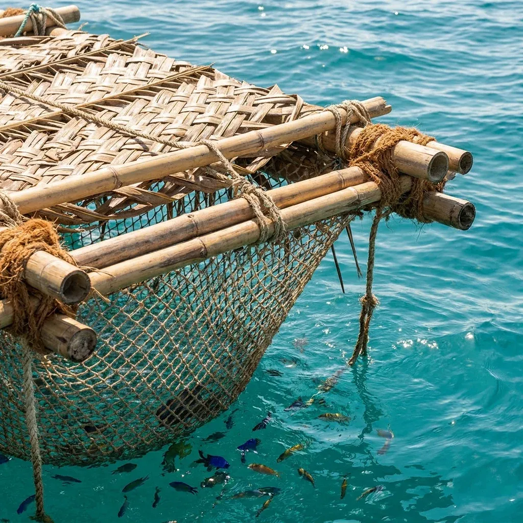 Traditional bamboo raft with woven palm deck and rope netting in turquoise water, fish swimming below.