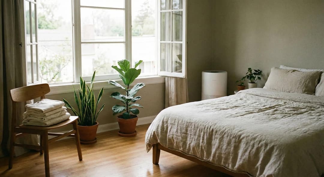 Natural fabrics, fresh air, and indoor plants creating a low-toxin home environment.