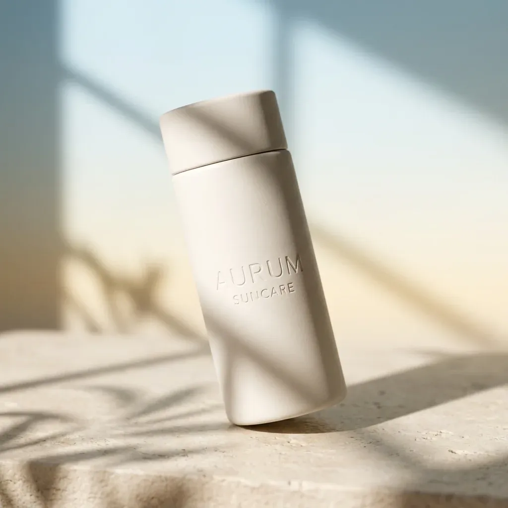 Matte beige AURUM SUNCARE bottle standing upright on textured stone surface with soft natural shadows in background.