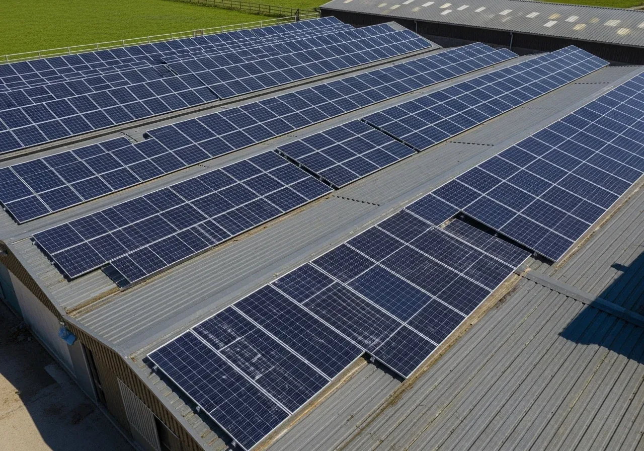 Solar panels covering the corrugated metal roof of a farm building, arranged in parallel rows with walkways between arrays.