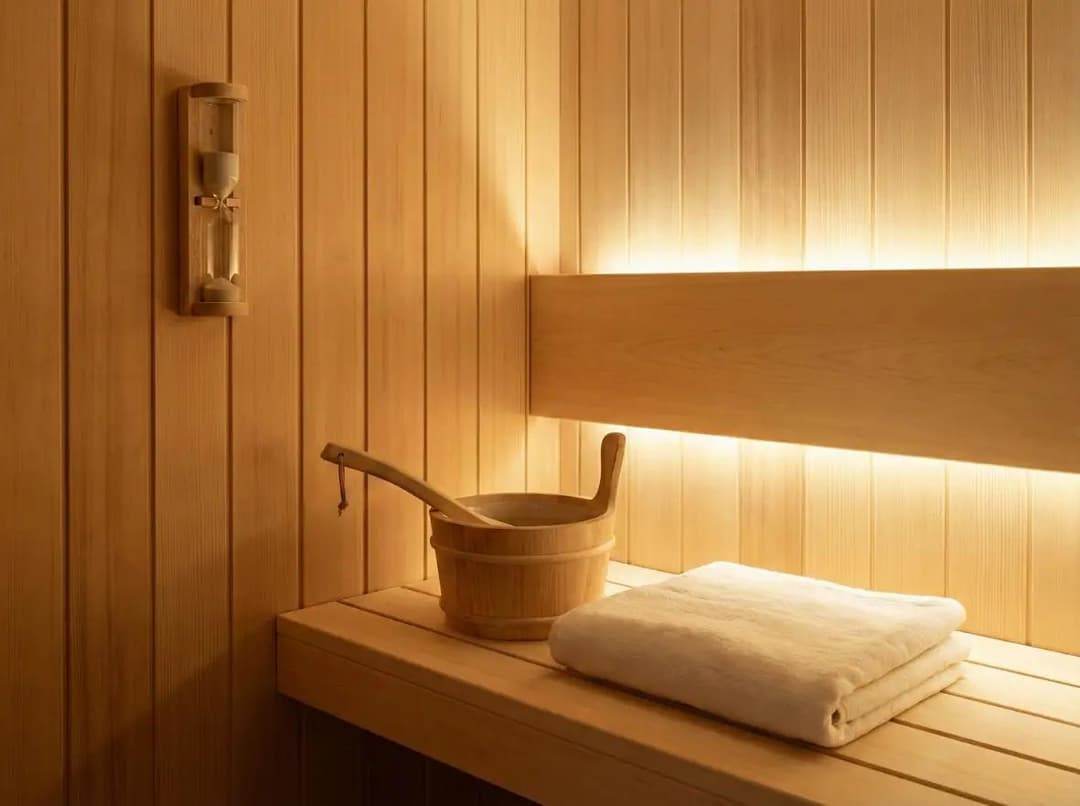 Warm wooden sauna interior with bench, hourglass timer, ladle, and towel.