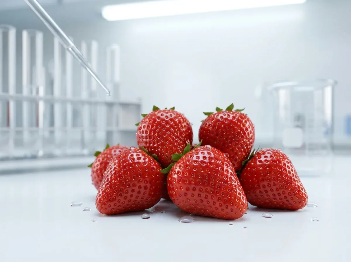 Fresh strawberries on laboratory counter with test tubes and pipette in sterile environment for food safety testing.
