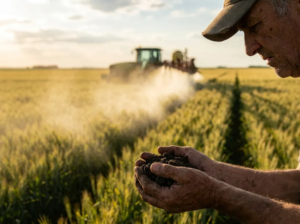 Farmer examining soil in cupped hands with tractor spraying crops in background field