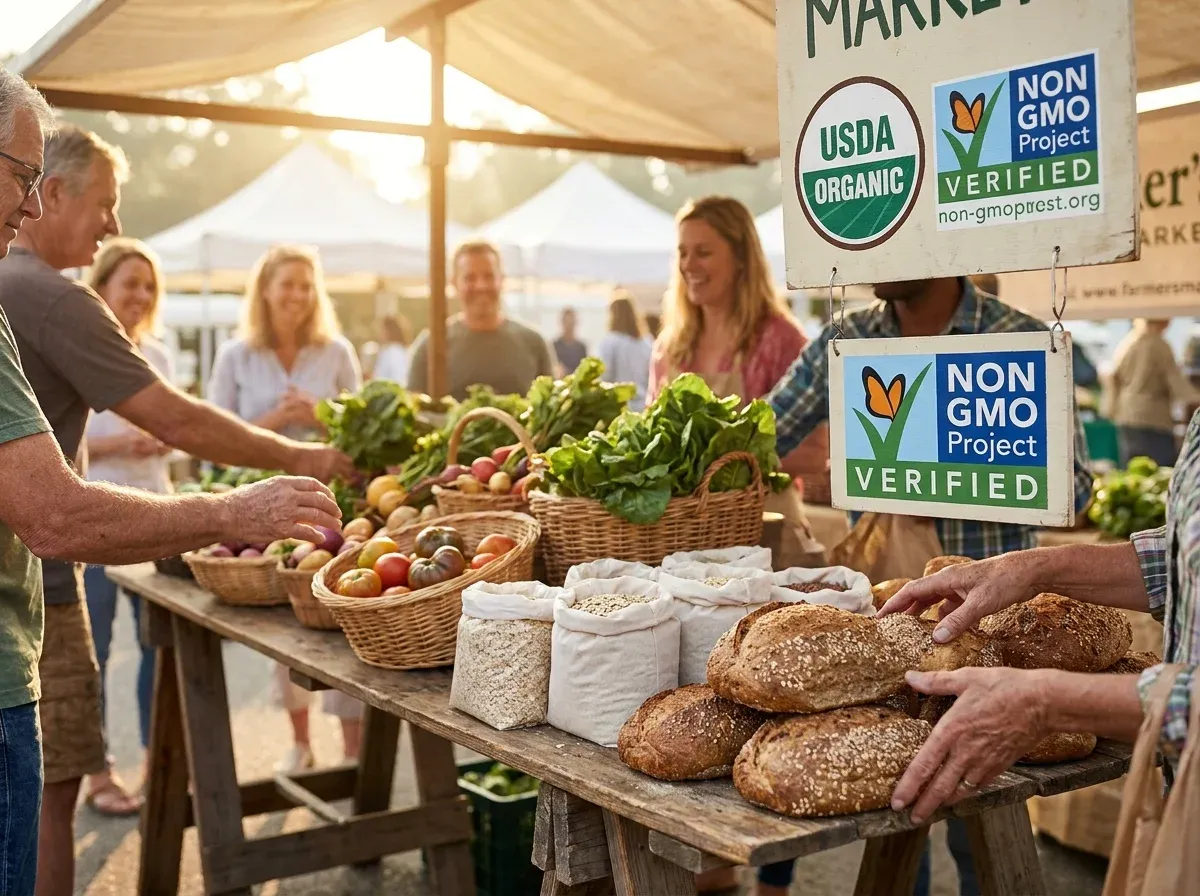 Farmers market stand displaying artisan bread, fresh vegetables, and grains with USDA Organic and Non-GMO Project Verified signs.