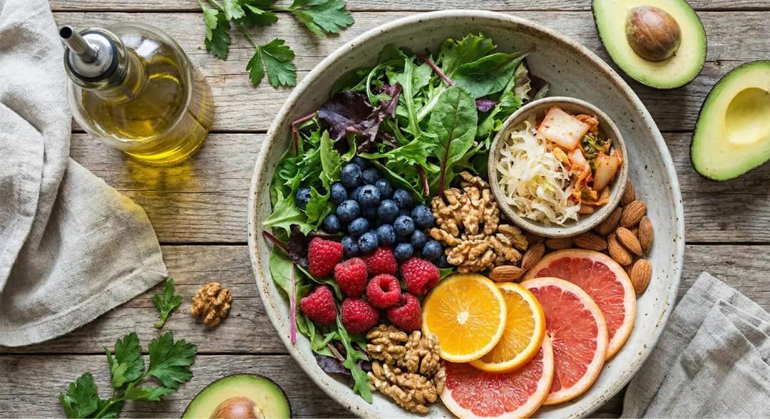 Overhead photograph of a colorful whole-food meal on a wooden table: leafy greens, berries, citrus, olive oil, nuts, and fermented foods. Natural light, organic textures, no labels, clean eating aesthetic.