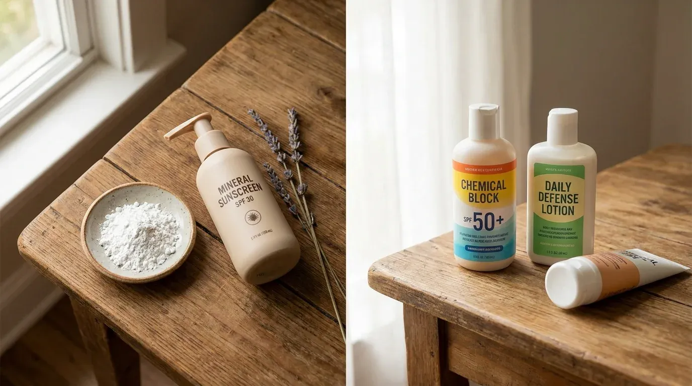 Left: mineral sunscreen bottle with white powder in bowl and lavender. Right: chemical sunscreen bottles on wooden surface.