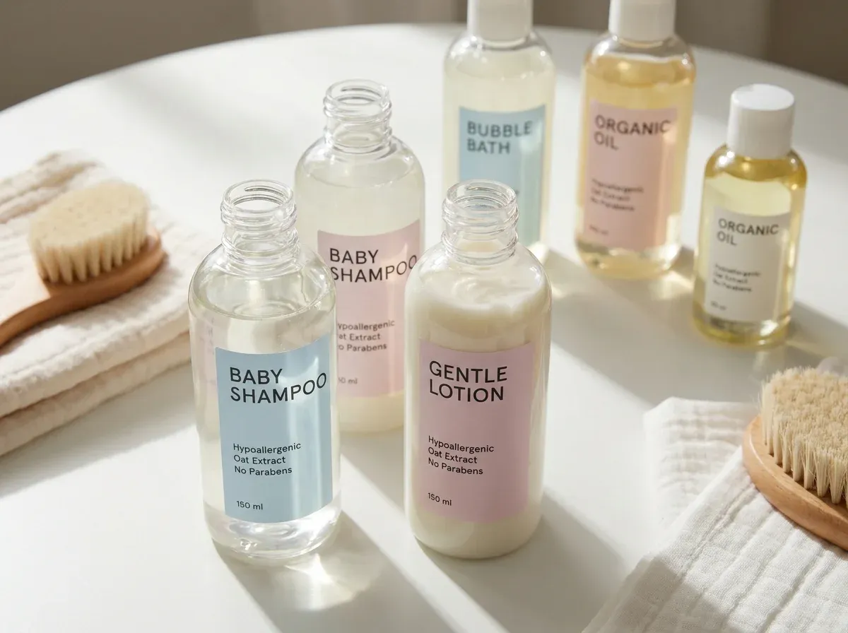 Baby care products including shampoo, lotion, bubble bath, and organic oil bottles arranged on white tray with brushes and towels