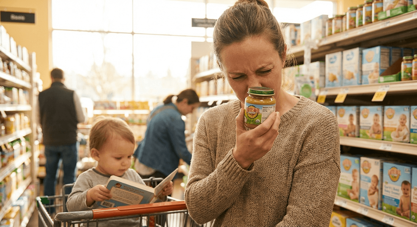 Parent reading nutrition label on baby food jar in grocery store