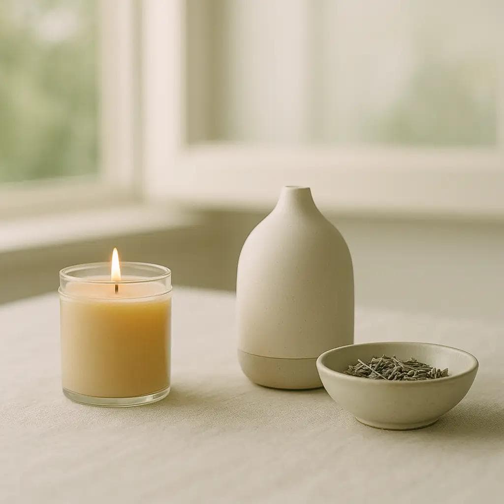 side-by-side scene showing a soy/beeswax candle with cotton wick, small essential-oil diffuser, and dried herbs as natural scent options.