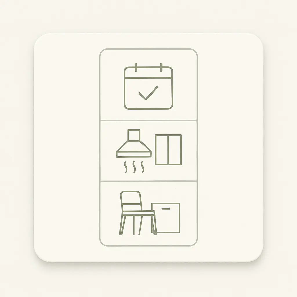minimal checklist card with three simple icons for today, this week, and this month.” Optional caption: “small steps, stacked: start now, build momentum.