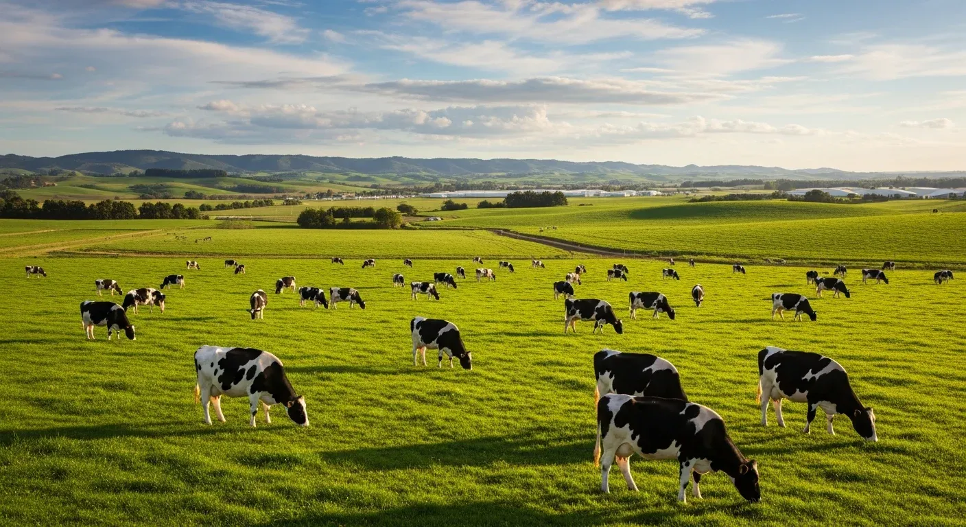 Holstein cows grazing on lush green pasture with rolling hills and cloudy sky in background