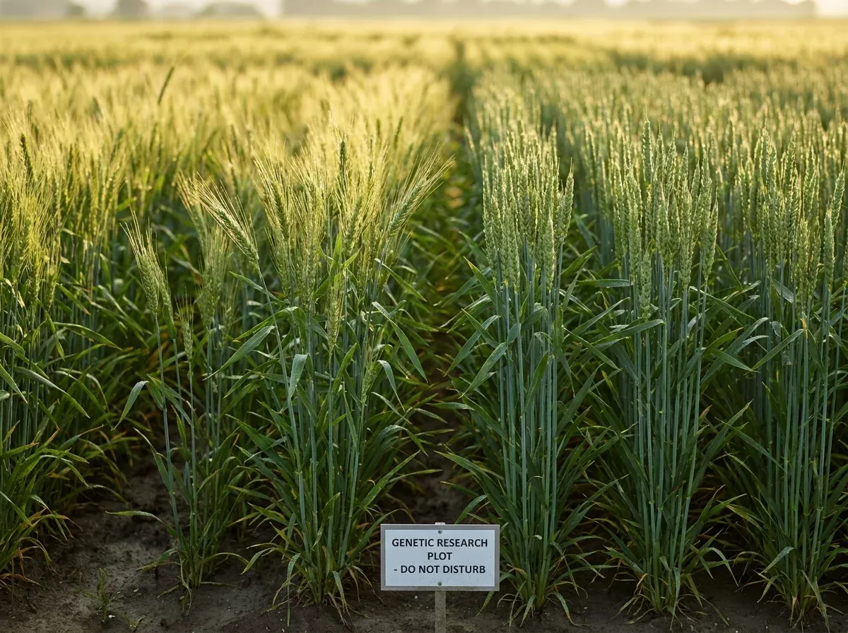 Wheat field with research plot sign reading "GENETIC RESEARCH PLOT - DO NOT DISTURB" showing two distinct plant varieties side by side.