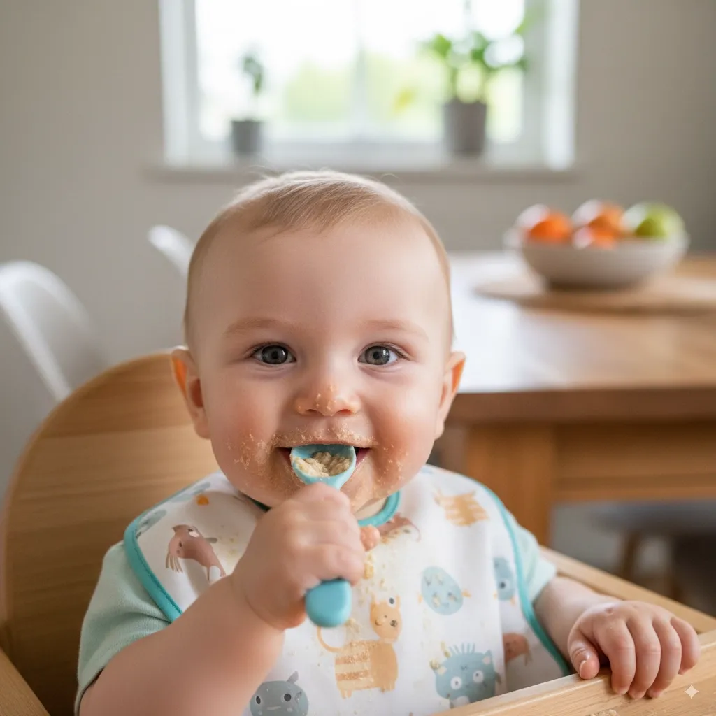 baby eating cereal