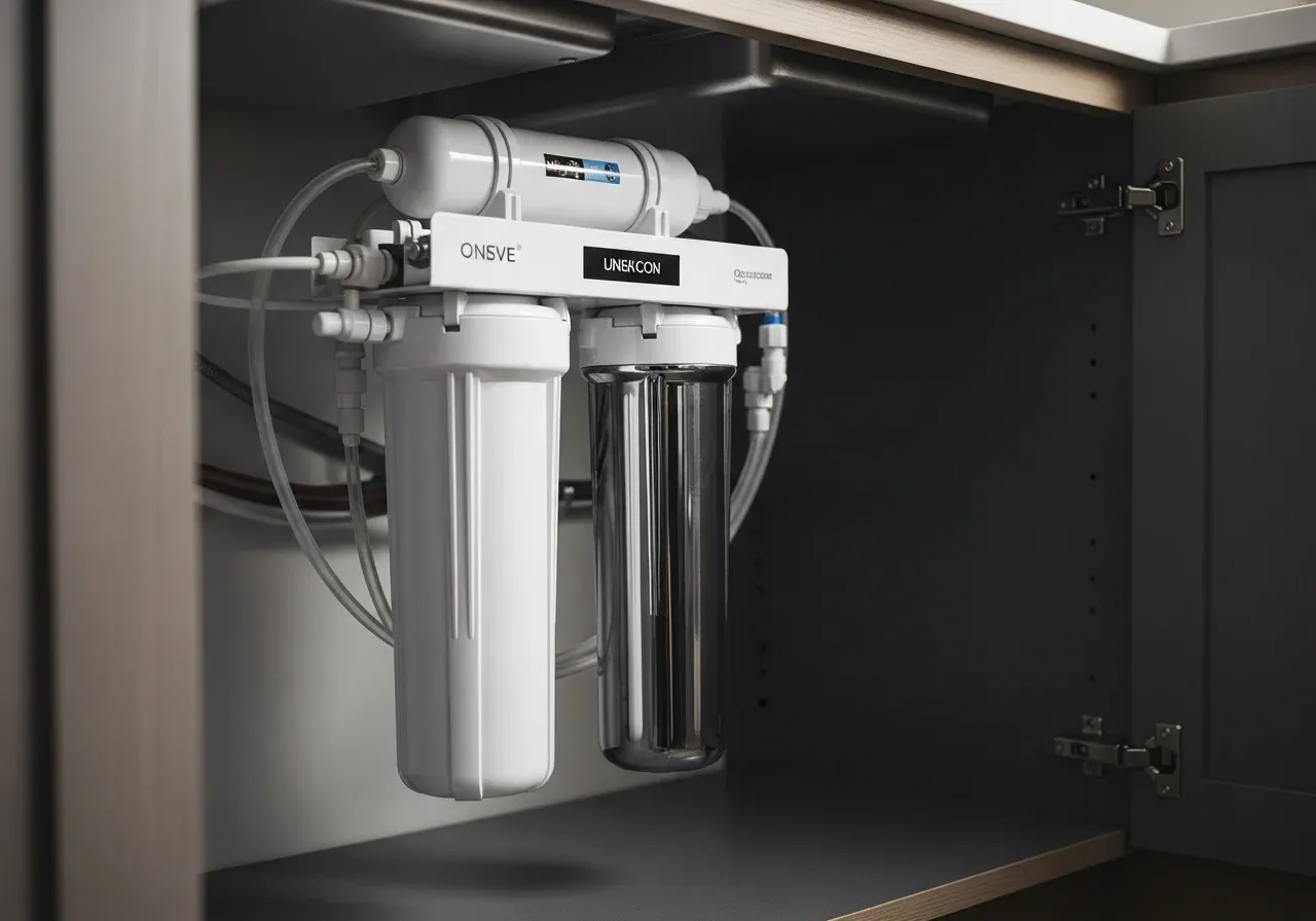 Under-sink reverse osmosis water filtration system with white canisters and clear filter housing mounted inside dark cabinet