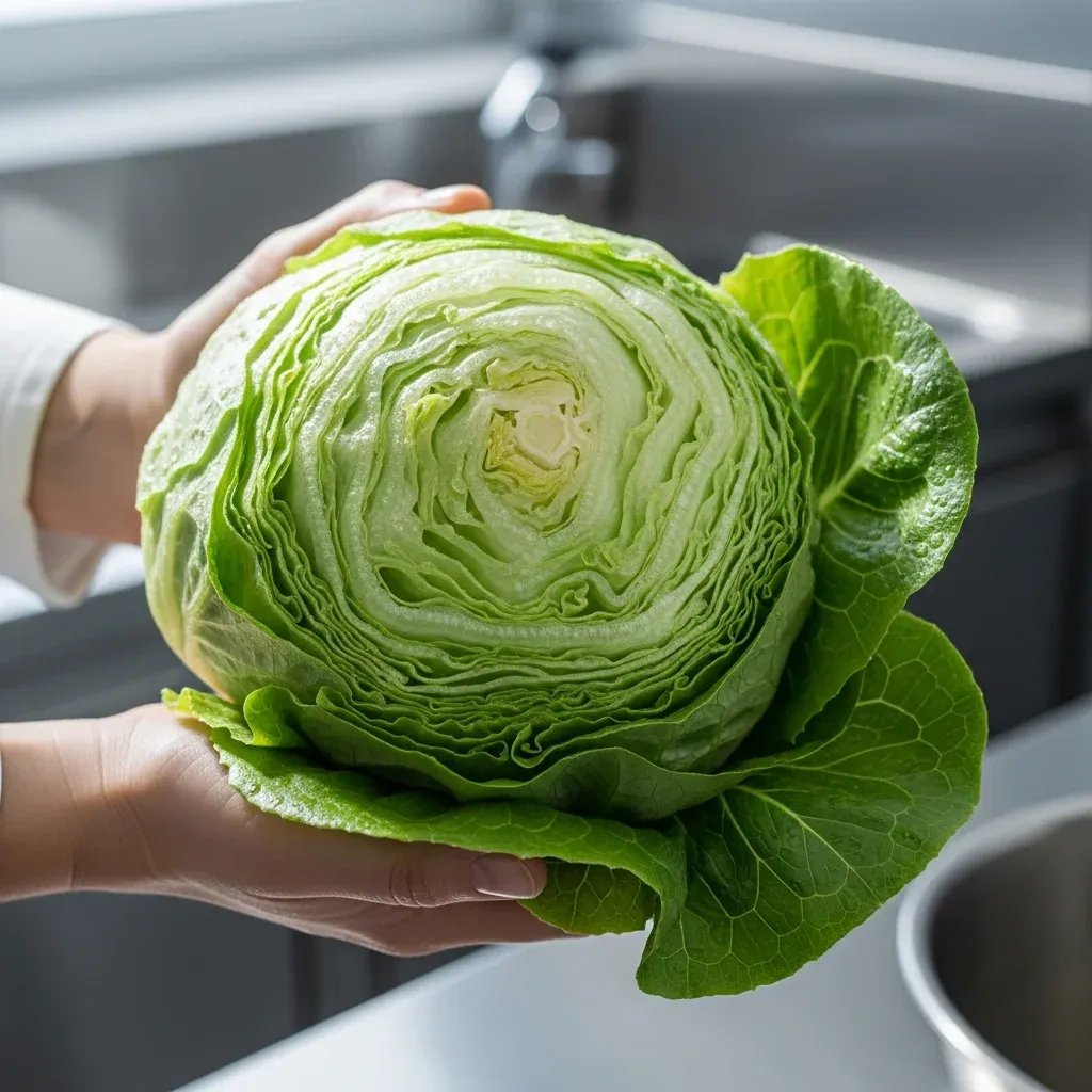 Hands holding halved iceberg lettuce head showing layered interior structure in kitchen setting