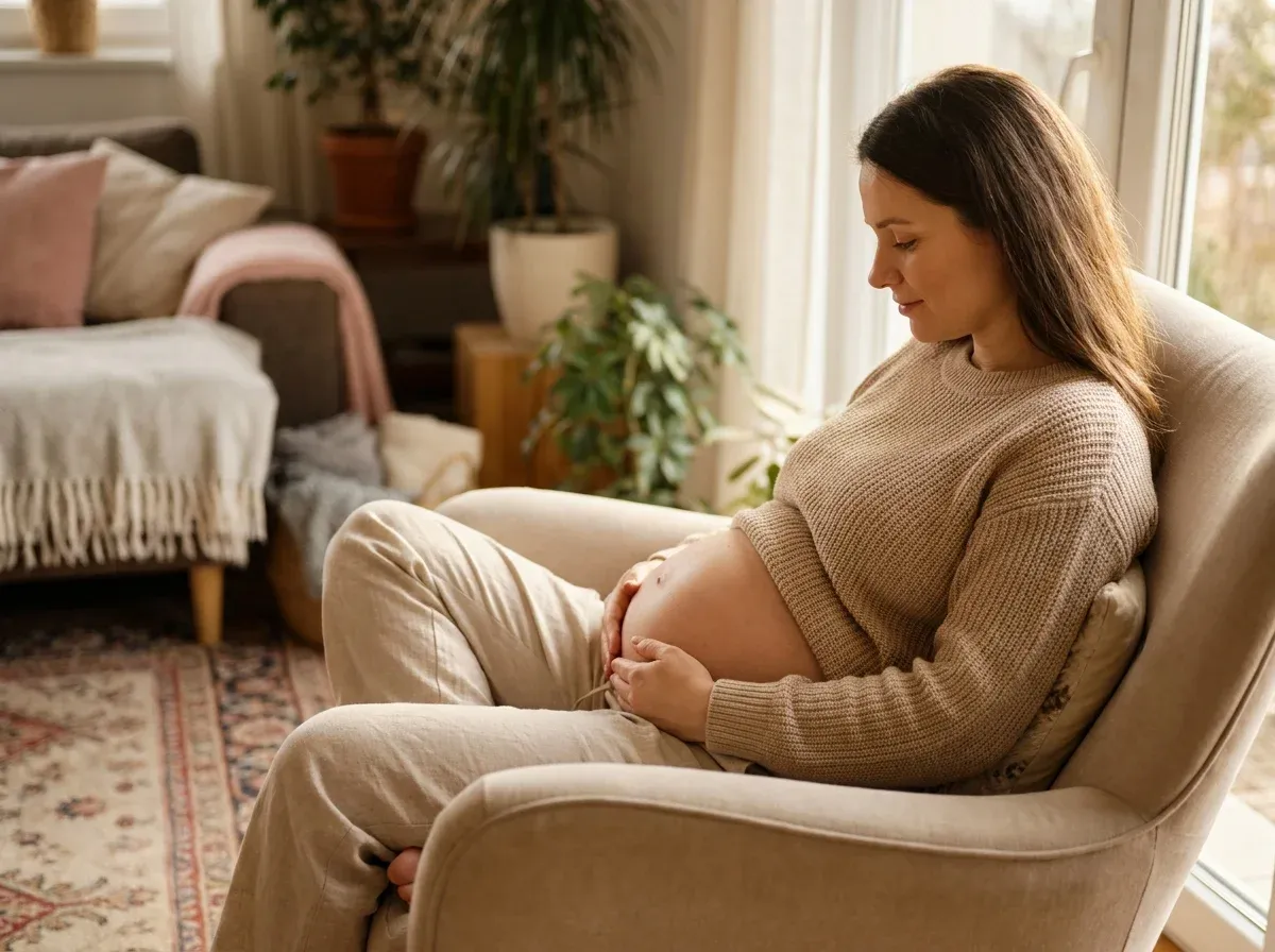 Pregnant woman in beige sweater sitting in armchair by window, gently holding her belly in sunlit living room.