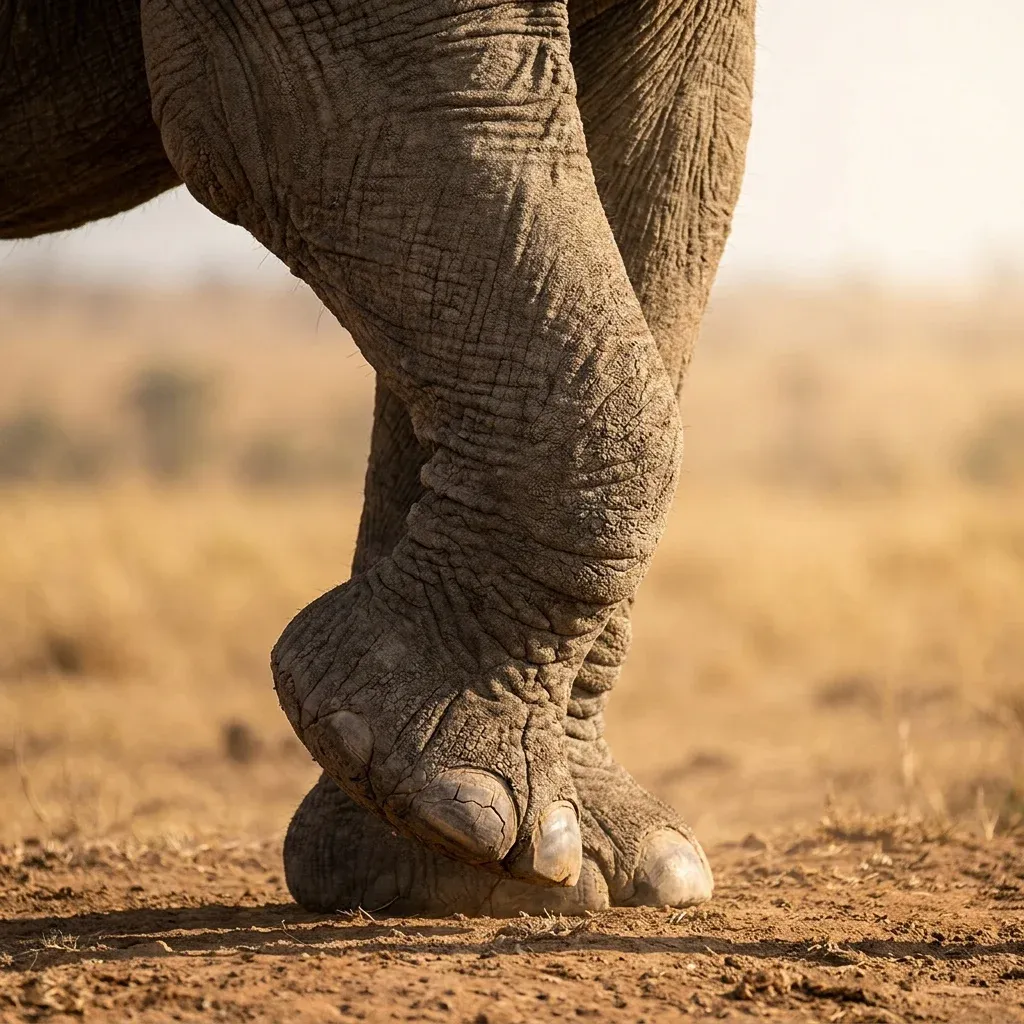 Close-up of an elephant's wrinkled leg and foot with visible toenails standing on dry, sandy ground.
