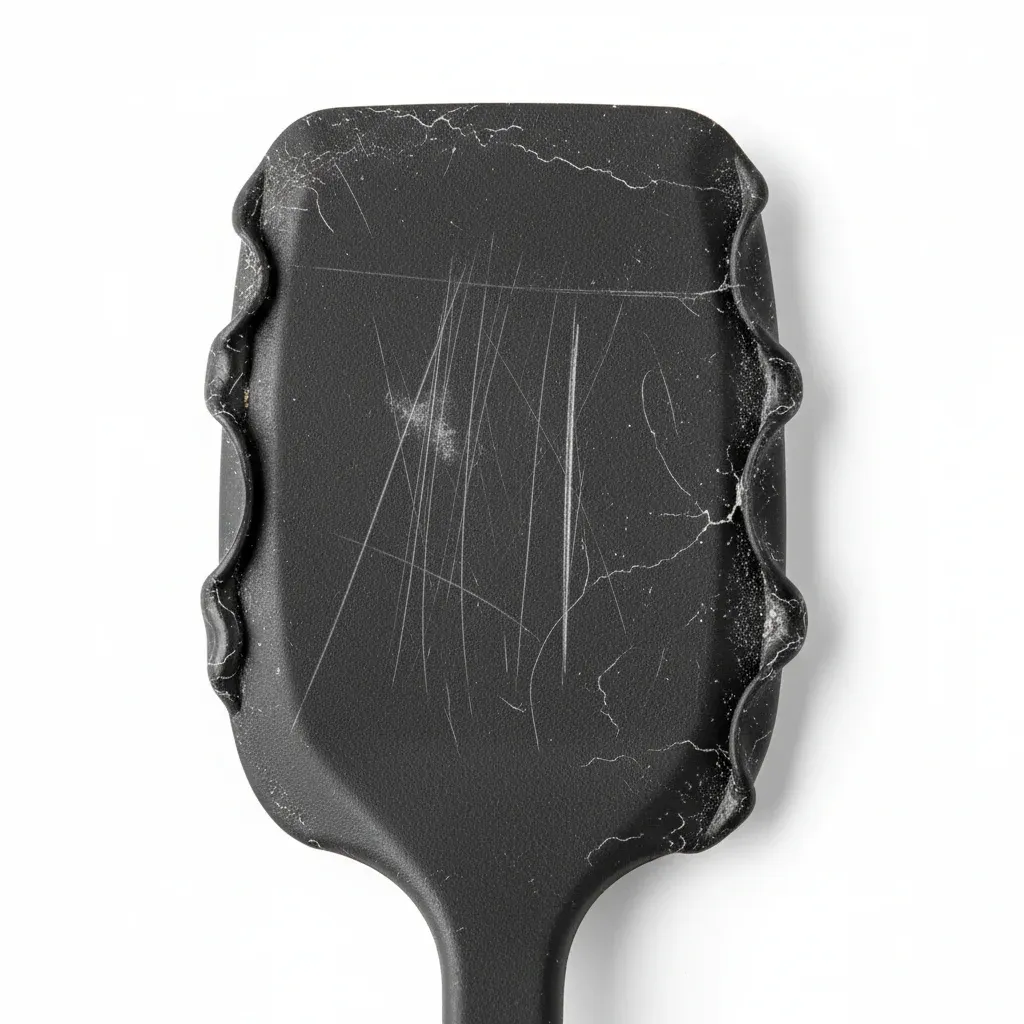 Worn black spatula with scratched surface, melted edges, and visible cracks from heat damage