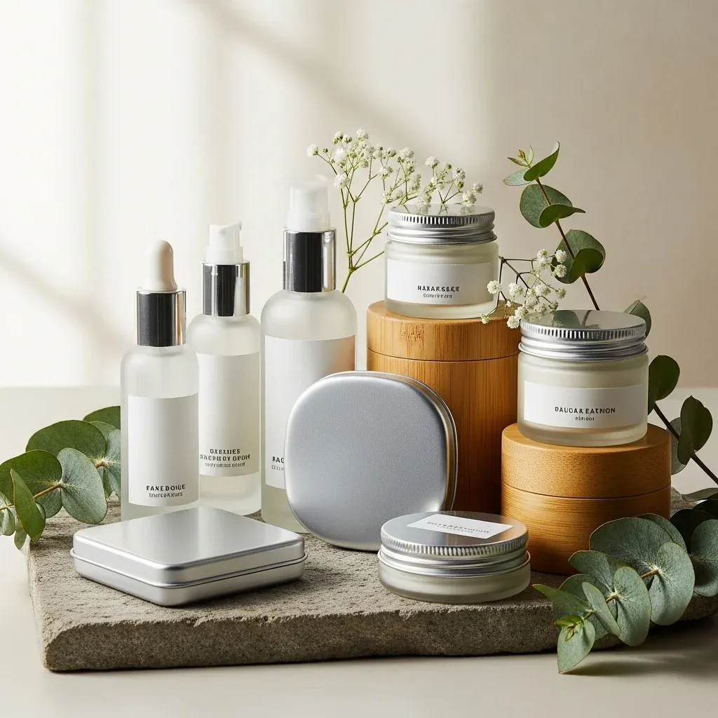 Minimalist skincare collection featuring frosted glass bottles, metal tins, and bamboo containers arranged with eucalyptus sprigs.