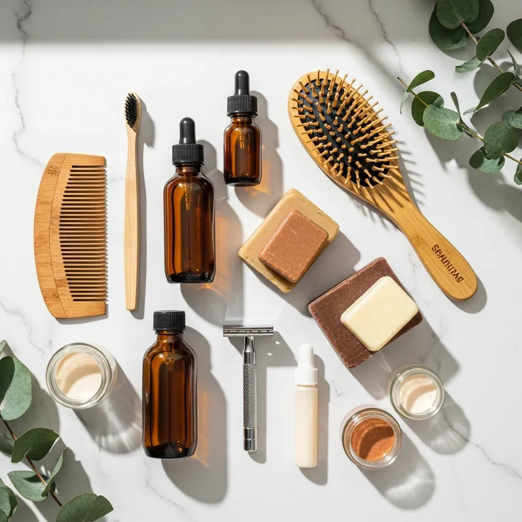 Eco-friendly grooming products including bamboo comb, toothbrush, hairbrush, amber glass bottles, safety razor, and natural soap bars on marble surface.