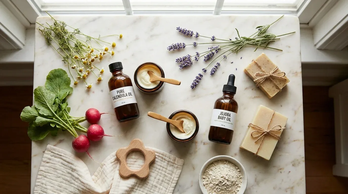 Natural baby care products including calendula oil, jojoba oil, handmade soaps, lavender, chamomile, and radishes on marble surface