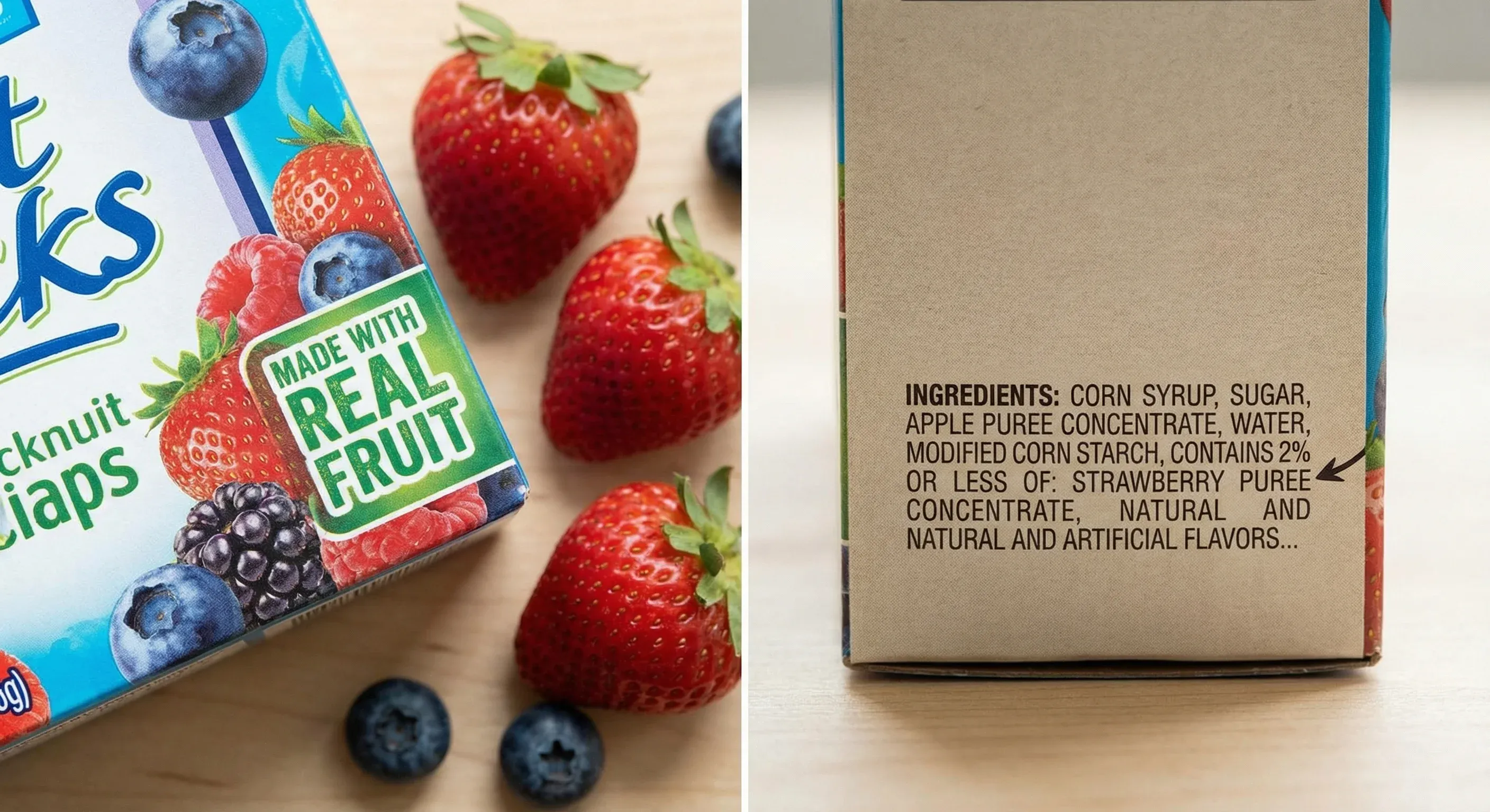 Product packaging showing "made with real fruit" claims