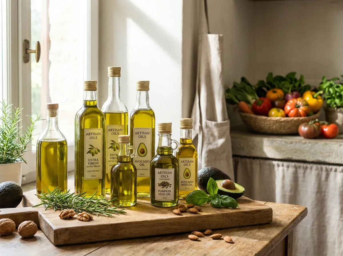 Artisan oil bottles including extra virgin olive, avocado, and pumpkin seed oils displayed with fresh herbs, nuts, and vegetables