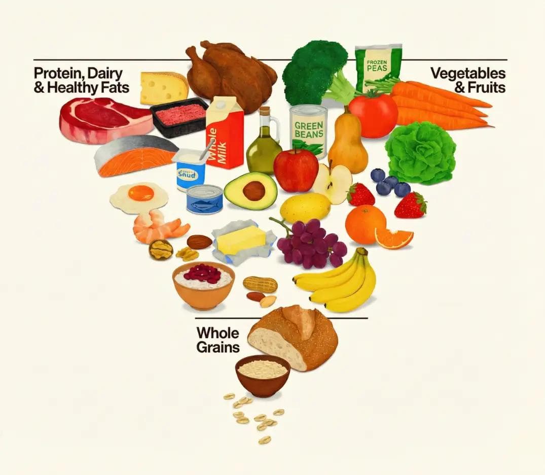 2026 U.S. food pyramid emphasizing real food, protein, vegetables, healthy fats, and whole grains.