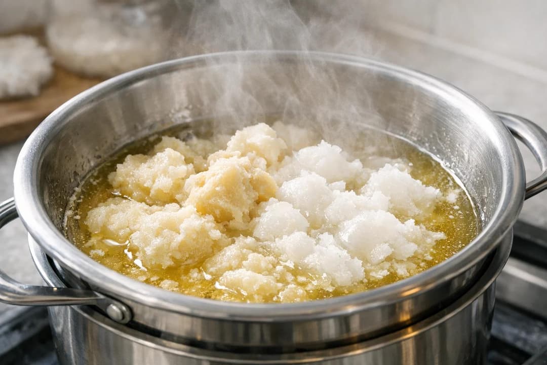 Shea butter and coconut oil melting in a double boiler for homemade baby balm