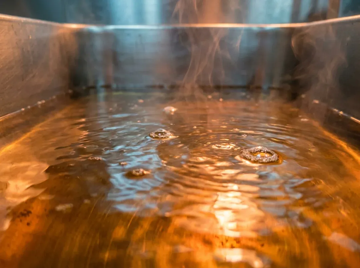 Hot vegetable oil bubbling in a pot with steam and heat waves rising from the surface