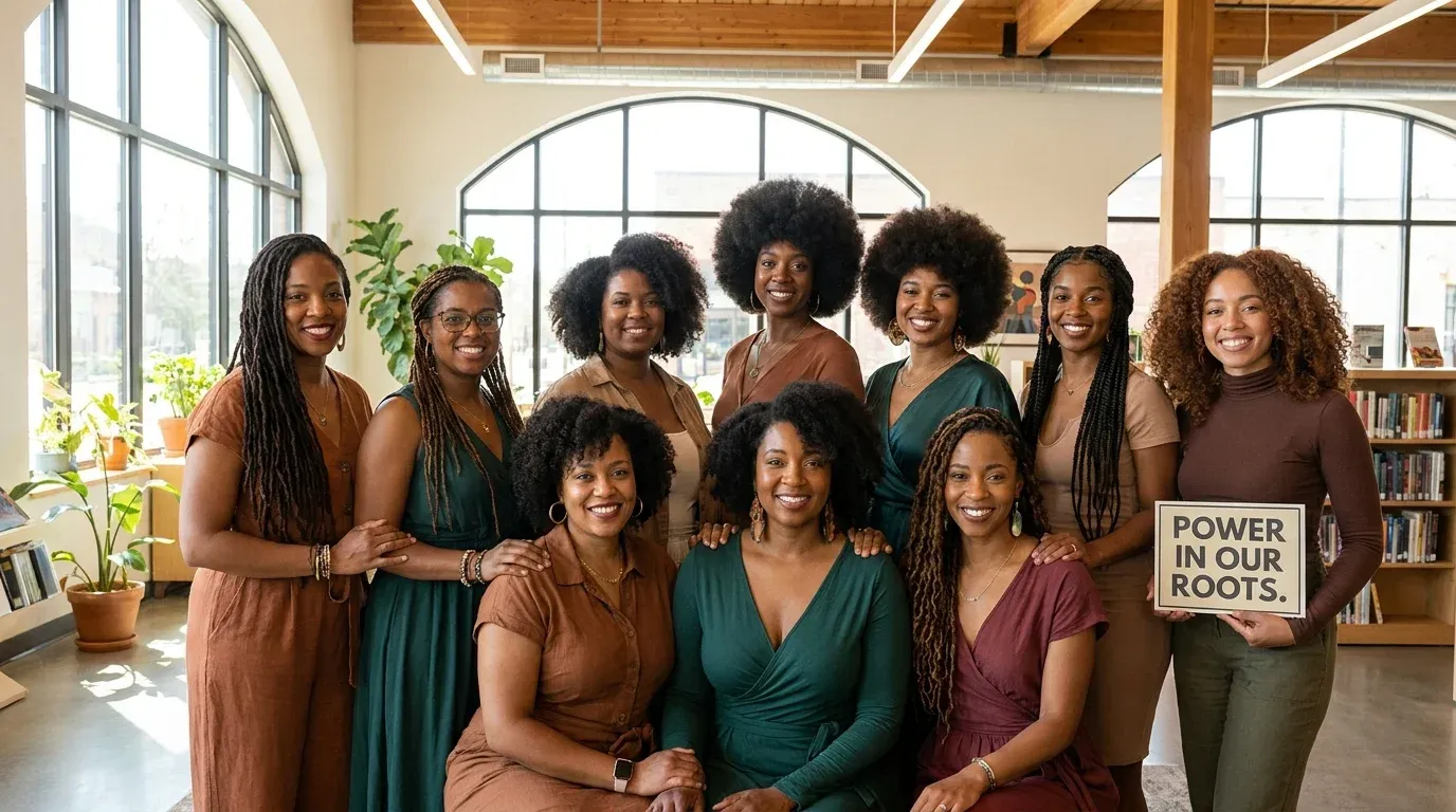 Group of Black women with natural hairstyles in brown and green attire holding "Power in Our Roots" sign in bright modern space