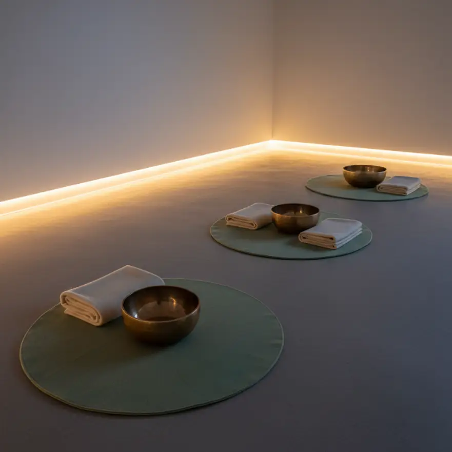 Calm studio with Tibetan singing bowls set on mats and soft ambient lighting.